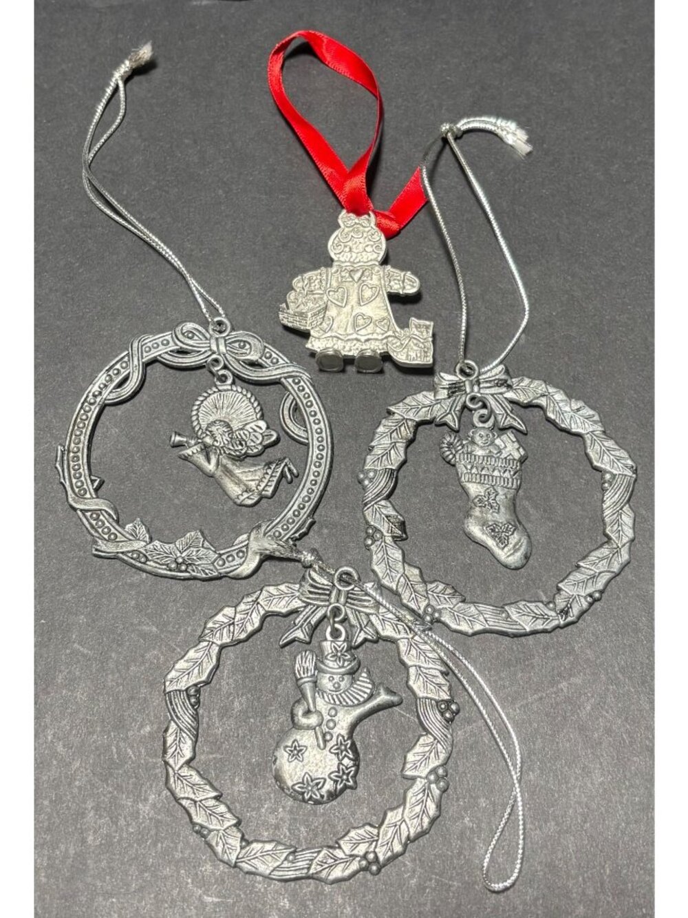 Vintage Lot 4 Pewter Christmas Ornaments Angel Stocking Snowman Gingerbread Doll